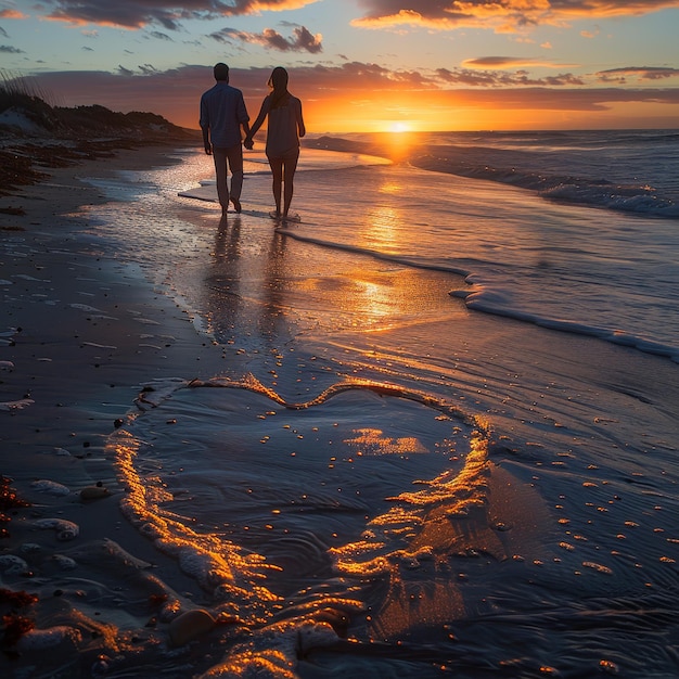 Photo a heart drawn in the sand on a beach with the sun setting behind them