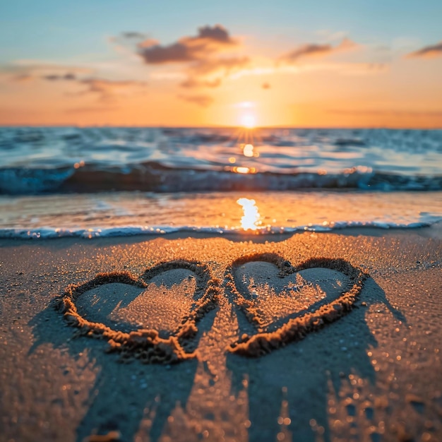 Photo a heart drawn in the sand with the sun behind it