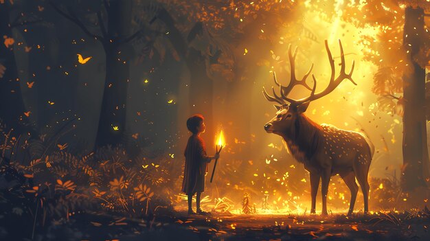 Photo in the heart of an enchanted forest a young boy with a lit torch stands face to face with a majestic