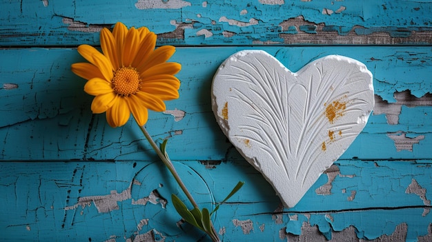 Heart and Flower on a Blue Wooden Surface