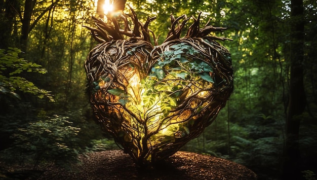 Heart formed by tree branches on a forest trail AI generated