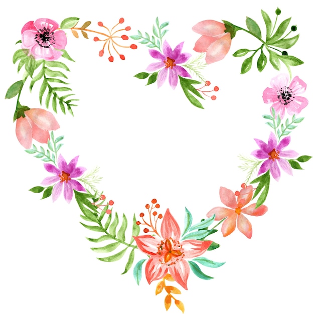 Heart frame from simple flowers leaves fern berries and twigs Colorful floral hearts watercolor