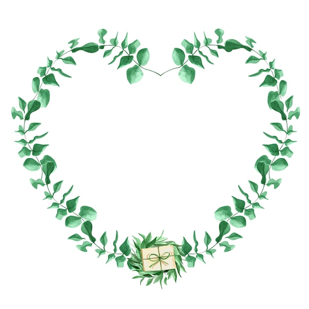 Heart frame made from branches of eucalyptus watercolor pattern