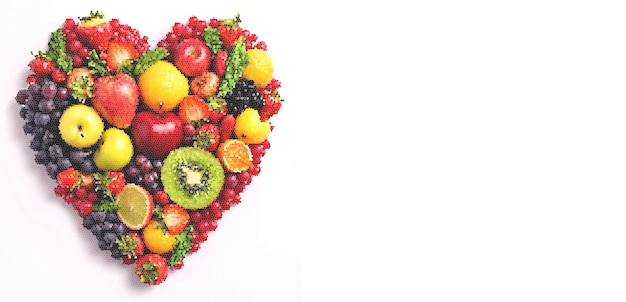 Heart from fruits on a white background with space for text Fruit composition Cover design