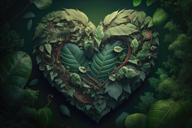 Heart from green leaves Illustration AI Generative