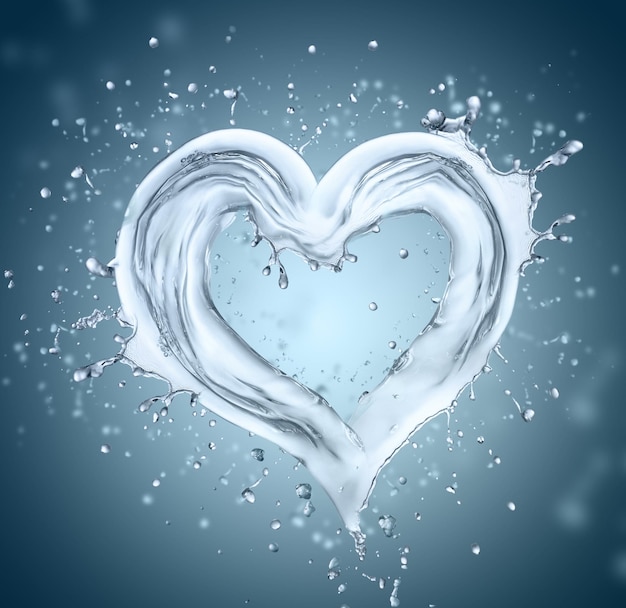 Heart from water splash with bubbles, love simbol. on blue background