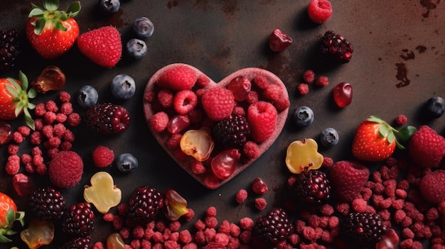 A heart of fruits is shown with a heart shape made of fruits