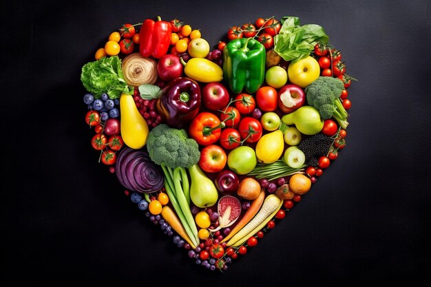 A heart of fruits and vegetables is shown on a black background.