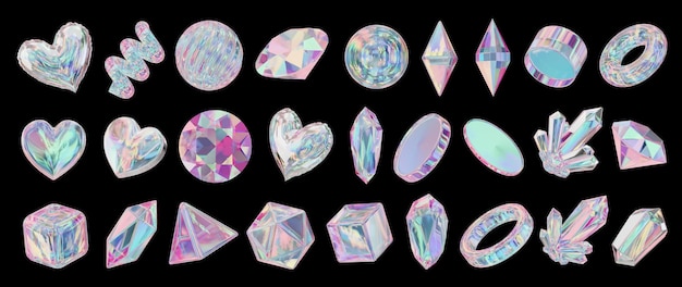 Heart and Gem holographic decoration set pack isolated background 3d rendering without AI generated