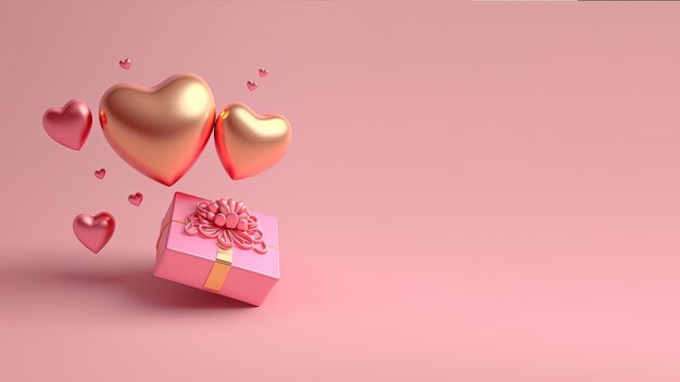 Heart and gift box 3d illustration isolated on pink background with copy space