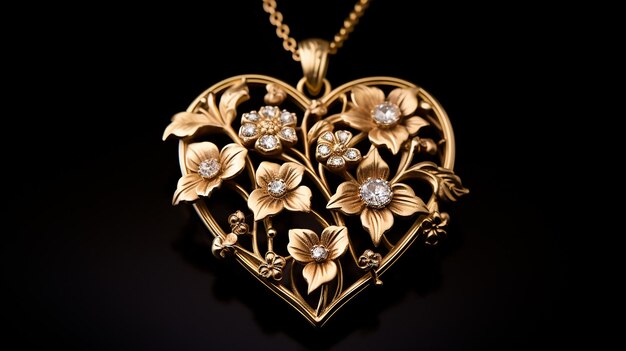 Heart of Gold Golden Heart Pendant Jewelry Adorned with Flowers and Leaves