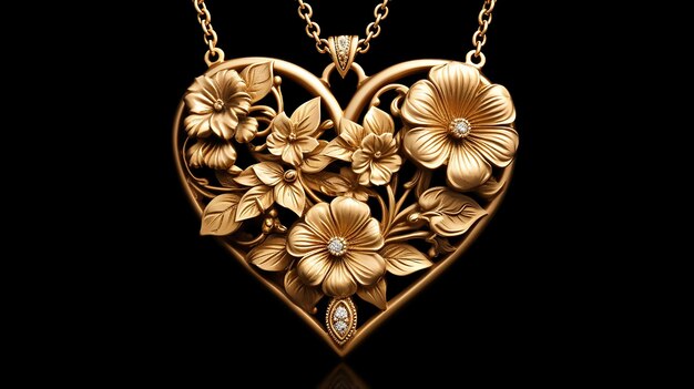 Heart of Gold Golden Heart Pendant Jewelry Adorned with Flowers and Leaves