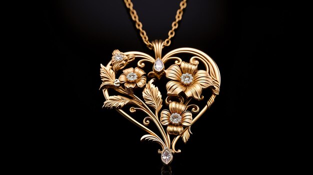 Heart of Gold Golden Heart Pendant Jewelry Adorned with Flowers and Leaves