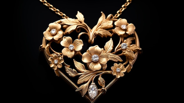 Heart of Gold Golden Heart Pendant Jewelry Adorned with Flowers and Leaves