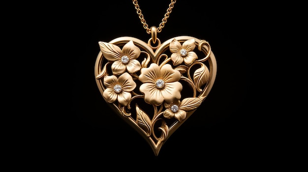 Heart of Gold Golden Heart Pendant Jewelry Adorned with Flowers and Leaves