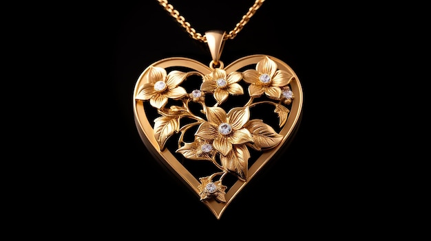 Heart of Gold Golden Heart Pendant Jewelry Adorned with Flowers and Leaves