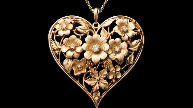 Heart of Gold Golden Heart Pendant Jewelry Adorned with Flowers and Leaves