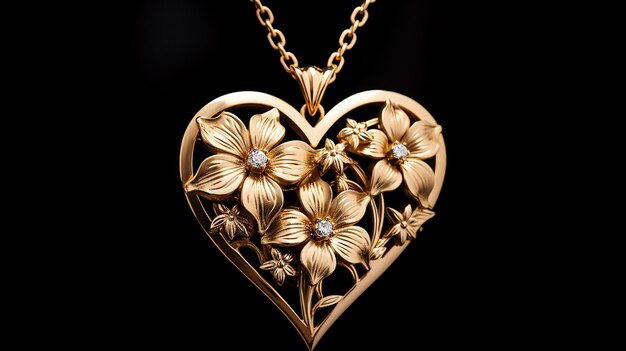 Heart of Gold Golden Heart Pendant Jewelry Adorned with Flowers and Leaves