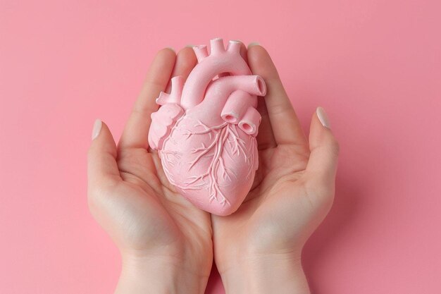 Heart in the hands of a female on a colored background