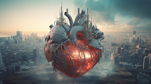 A heart is in the air with a city in the background.