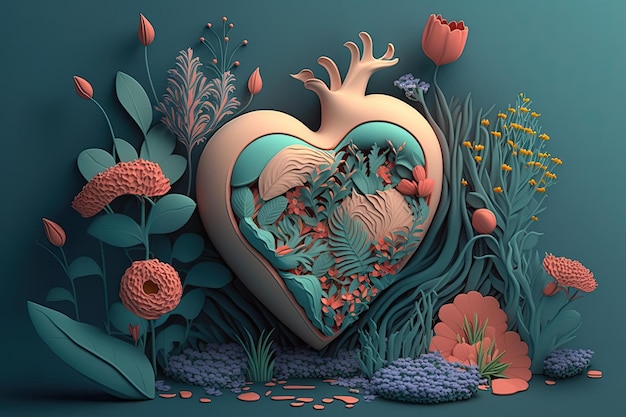 Heart is anatomically shaped in flowers concept of love for nature Generative AI