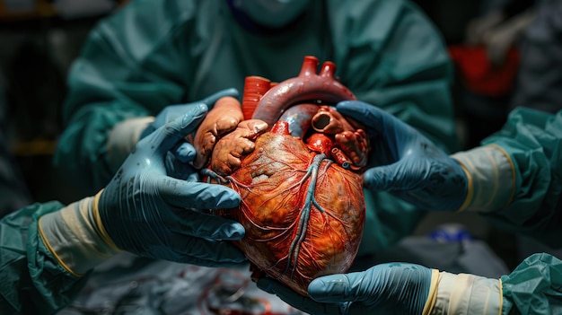 Photo a heart is being held by two people in surgical gloves