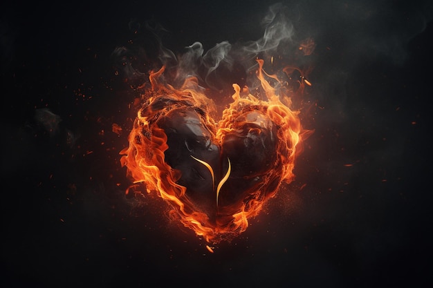 A heart is burning in flames with the word love on it