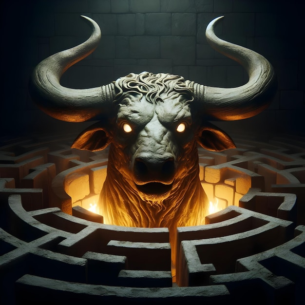 Photo in the heart of the labyrinth the minotaurs fearsome horns gleam under the dim torchlight isolate