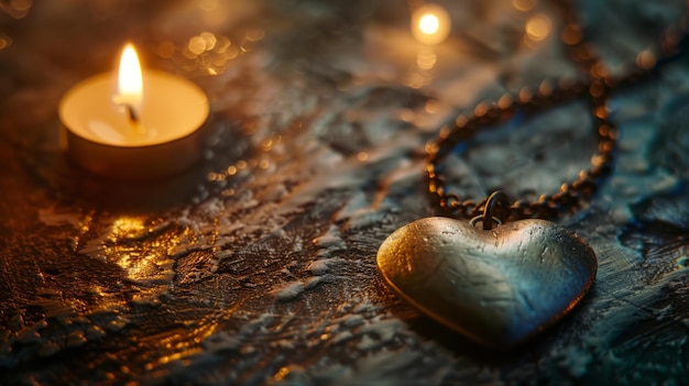 Heart lies on wet marble next to lit candle heartshaped pendant and lit candle