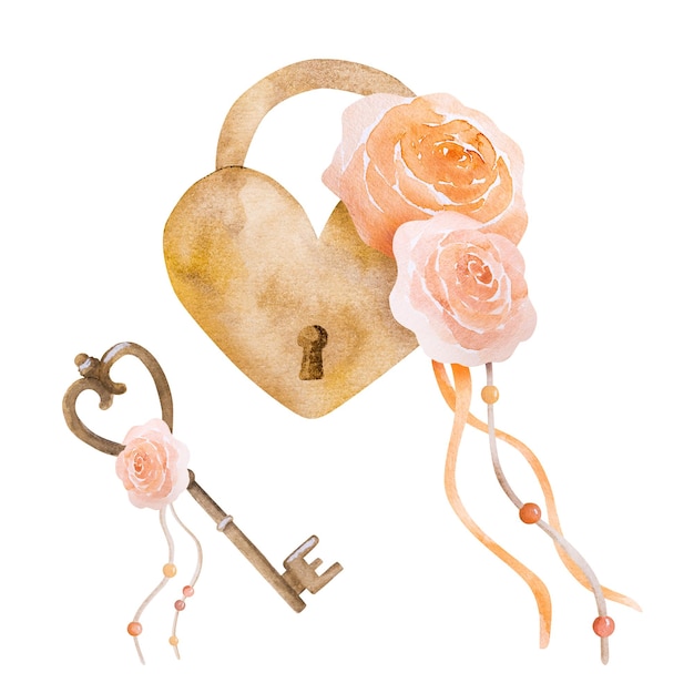 Heart lock with key and rose flowers