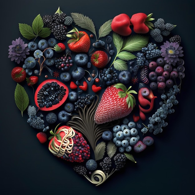 Heart made of berries and leaves on black background Generative AI