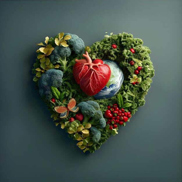 Photo a heart made of broccoli and a globe of fruits