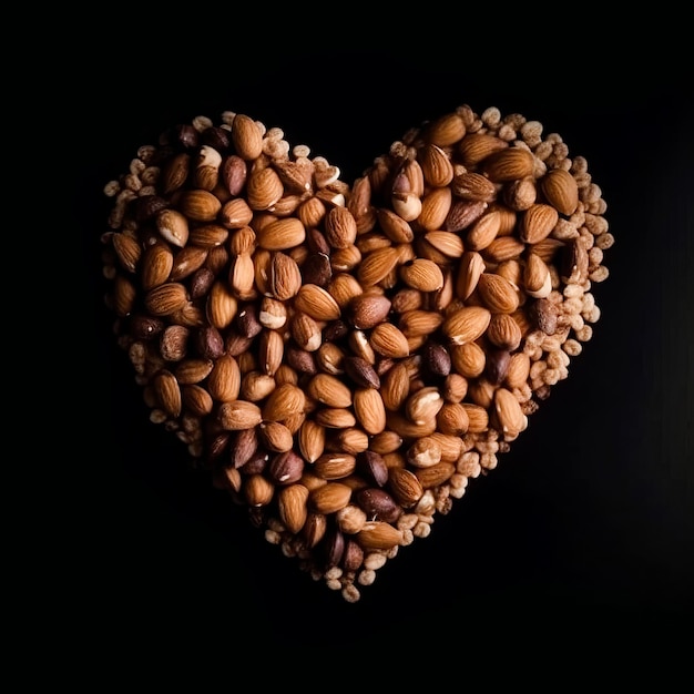 Heart made of brown nuts isolated on black background