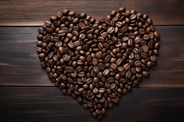 a heart made of coffee beans with a heart on a wooden background.