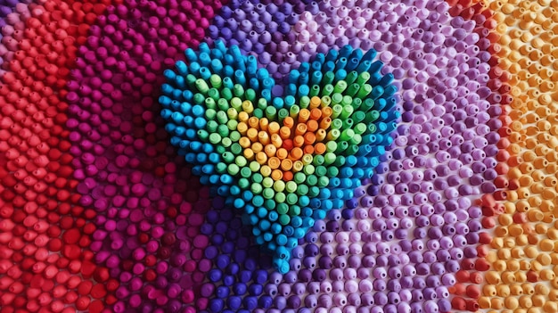 a heart made of colored plastic beads is made by the