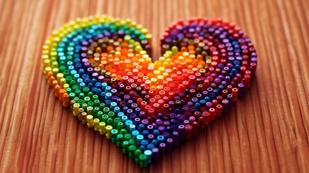 a heart made of colored plastic beads is made by the