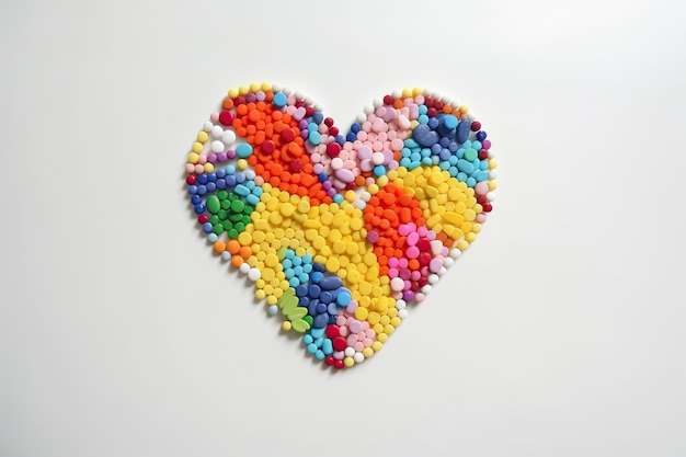 A heart made of colorful candy is on a white background.