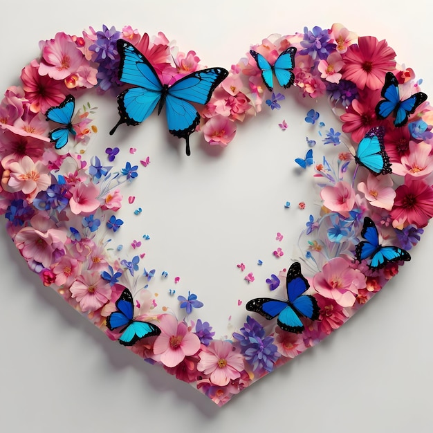 Photo a heart made of flowers and butterflies with a heart shaped frame