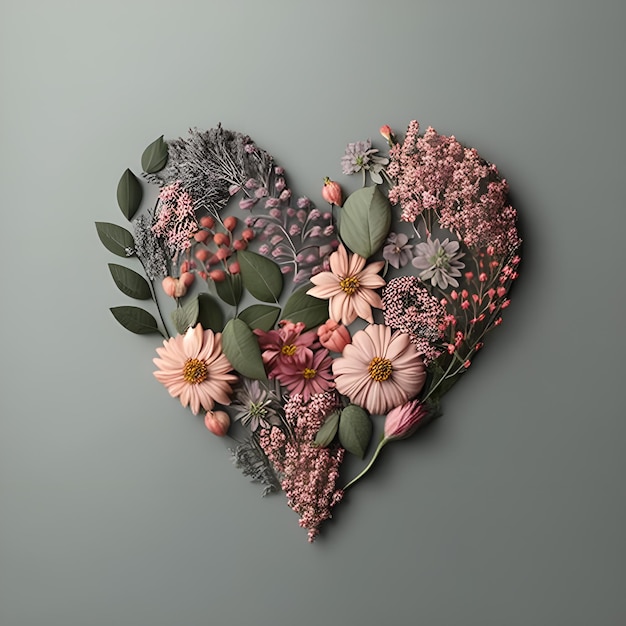 A heart made of flowers is shown with a pink heart in the middle