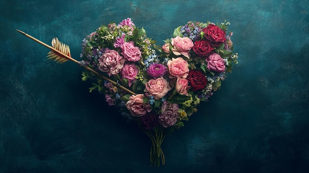 Photo a heart made of flowers with a flowery arrow pointing to the right