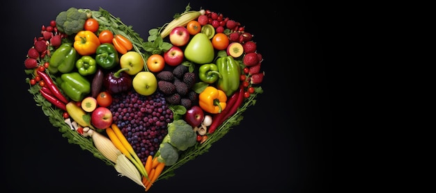 Heart made of fresh fruits and vegetables on black background Healthy food concept