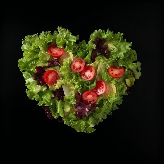 Heart made of fresh green salad isolated on black background