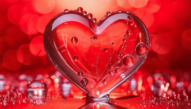 Heart made from transparent glass with water droplets red background Love and romantic concept