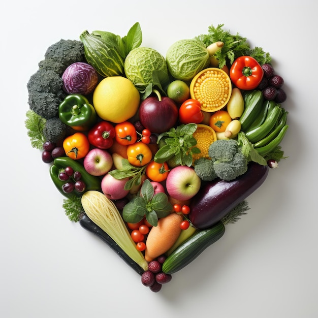 A heart made of fruits and vegetables including broccoli lettuce and tomatoes