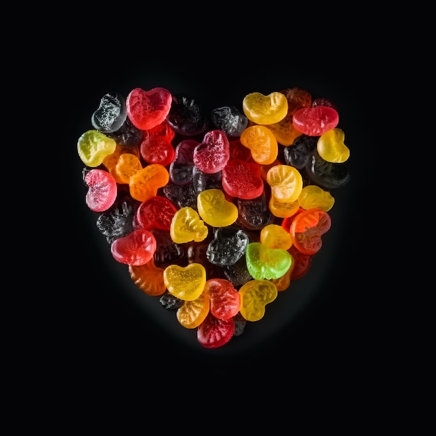 Heart made of jelly candies isolated on black background