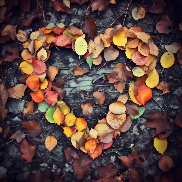 A heart made of leaves is surrounded by autumn leaves.