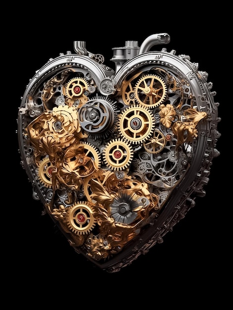 A heart made of mechanical parts concept technology black silver gold colors AI generated