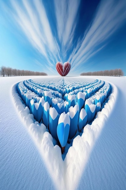 Heart made out of blue hearts in the snow generative ai