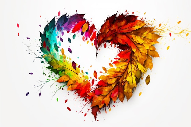 Heart made out of colorful leaves and watercolors on white background Generative AI