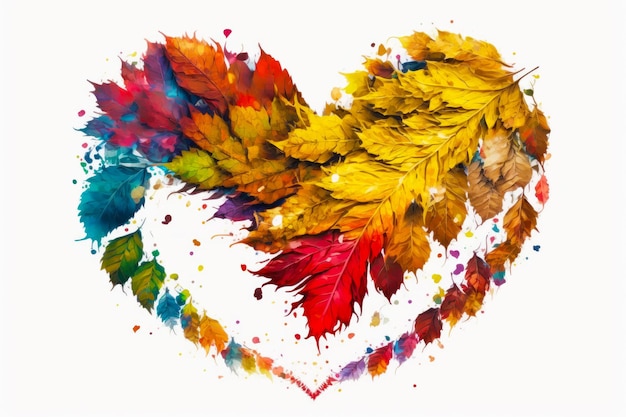 Heart made out of colorful leaves on white background with watercolor splashes Generative AI